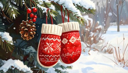 Artistic Painted Red Mittens Hanging on Christmas Tree Holiday Decoration