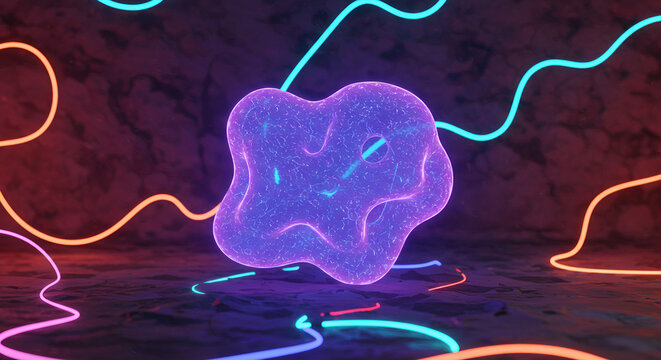 Surreal Glowing Blob Surrounded by Neon Lines in a Dark Abstract Environment