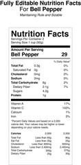 Fototapeta premium Modern Bell Pepper Nutrition Facts Label. Infographic Vector of Organic Vegetable's Vitamin and Mineral Chart for Packaging.