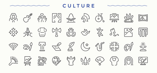 Culture icon set. Modern thin line style icons. Editable stroke. Vector illustration. Culture linear icon set. Contains outline symbols like museum, entertainment, enjoying, art and more.