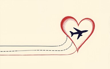 Airplane and path line in heart shape vector. Love to travel concept. High quality