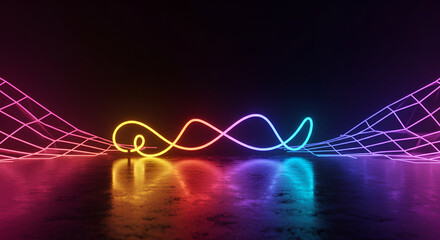 Vibrant neon landscape with geometric grid and glowing wave on reflective surface