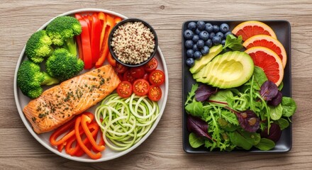 Two plates of healthy food featuring salmon, vegetables, quinoa, avocado, grapefruit, and blueberries on a wooden surface.