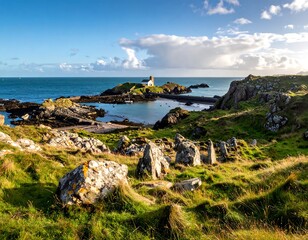 Coastal scene featuring a white-walled structure on a rocky islet, linked by a breakwater. Calm sea under a bright sky. Grass foreground