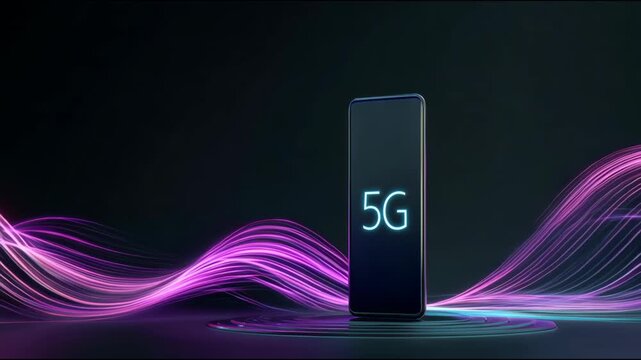 Modern smartphone displaying 5g logo with colorful data streams flowing in the background