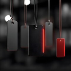 Close-up shot of several rectangular black tags hanging with a red illuminated one.