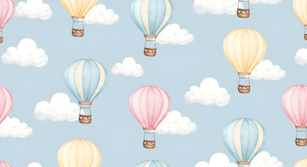 Watercolor Hot Air Balloons and Clouds Seamless Pattern for Baby Nursery Decor