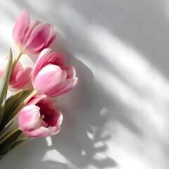 A beautiful bouquet of fresh pink tulips lying on a white surface with dramatic shadows from morning sunlight.