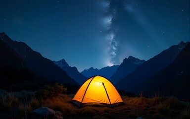 Camping in the mountains under the stars. A tent pitched up and glowing under the milky way. Photo composite. High quality