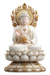 Divine Serenity: A serene Buddha statue sits gracefully atop a lotus flower, its form radiates tranquility, capturing a sense of inner peace. 