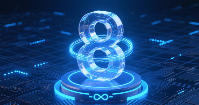 digital data transfer Displays a 3D number “8”. Full-frame composition, blue tone. Realistic 3D style, tech environment background