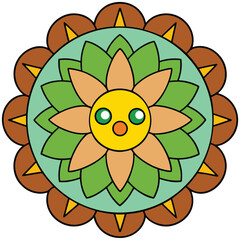 Vector art of a cute flower mandala with a smiling face in the center, surrounded by petals and leaves, creating a cheerful and colorful design