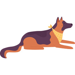 German Shepherd Dog Wearing a Yellow Bandana Lying Down Facing Right Detailed Illustration on Transparent Background