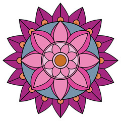 Vector art of a symmetrical flower mandala with intricate petal designs, showcasing a harmonious blend of pink and purple hues, creating a visually appealing pattern