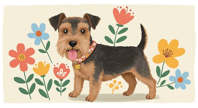 Adorable Welsh Terrier Puppy with Flowers.