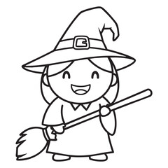 Cute Little Witch Girl Character Halloween Coloring Page