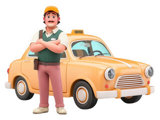 Friendly Cab Driver: An illustrated, cheerful taxi driver stands confidently beside his classic yellow taxi, ready to serve and transport. Capturing reliability and service.