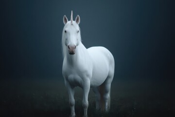 Backlit Highlight Fantasy concept. Majestic unicorn standing in misty surroundings.