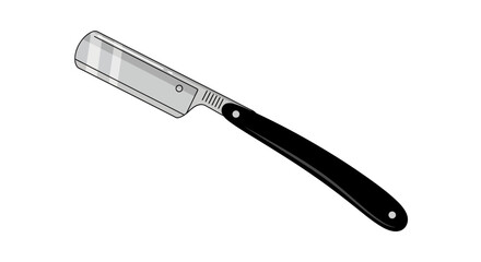 A classic straight razor with a sharp steel blade and black handle isolated on a white background.