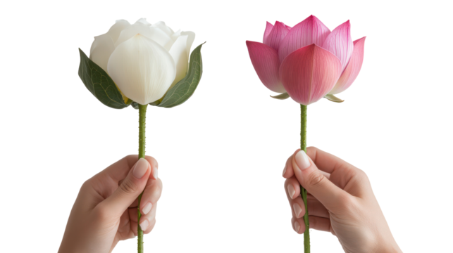 Two hands holding a white and pink lotus flower isolated on transparent background