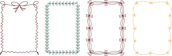 Hand drawn decorative frame borders with bows, leaves and stars, elegant doodle outlines for invitations, cards, stationery design
