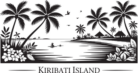 Kiribati Island Coastal Scene with Palm Trees Huts and Birds Flying Tropical Vector