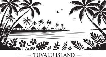 Serene Tuvalu Island vector with palm trees, beach huts, and diverse tropical flora on transparent ground