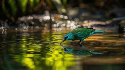 Fototapeta premium Turquoise bird drinking water from a reflective pond in a lush environment