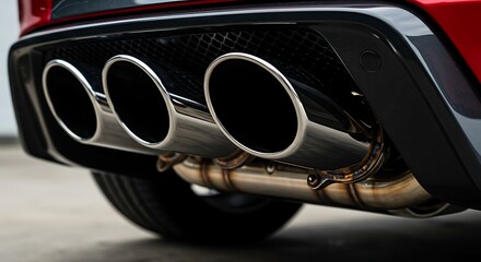 Close-up of a cars triple exhaust system showing the pipes and muffler.