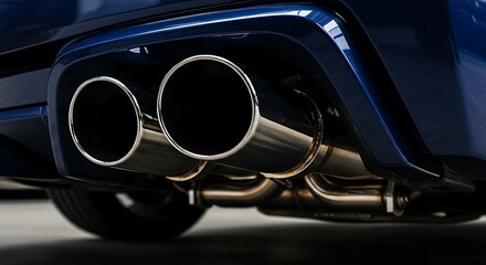 Close-up of a dual exhaust system on a modern blue vehicle, detail view