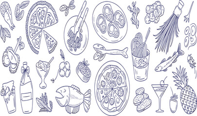 Hand drawn food doodle collection with pizza, seafood, pasta, fruits, drinks and snacks for restaurant menu illustration