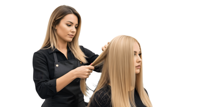 Professional female hairdresser styling a clients long blonde hair.