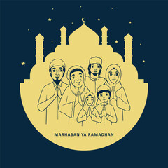 Lettering Marhaban Ya Ramadan with A Family illustration, Vector Calligraphy Design Logo, White, Blue and Gold Color on Blue Background, Usable for Poster, Banners, Postcards, Wallpaper, Gifts etc.