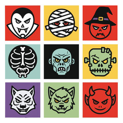 Halloween monsters icon set – vampire, mummy, witch, zombie, skeleton, werewolf, devil.