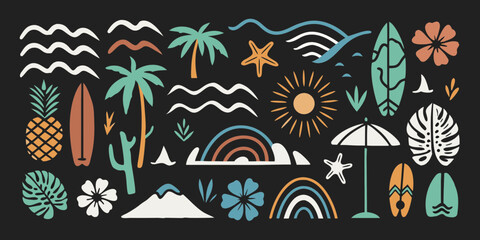 Vibrant tropical summer vacation elements collection with palm trees surfboards sun and ocean waves © Bipul