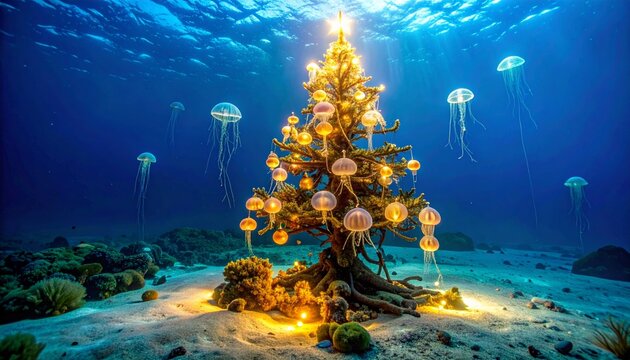 Surreal Underwater Christmas Tree with Jellyfish Ornaments in Deep Blue Sea
