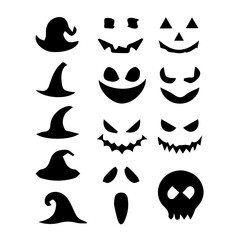 Collection of halloween symbols witch hats and spooky faces