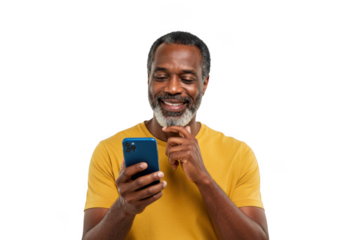 Smiling man holding a smartphone isolated on transparent background