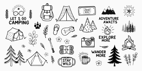 Collection of hand drawn camping and adventure icons with inspirational quotes and nature elements