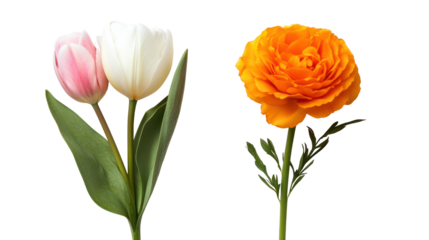 Two tulips and an orange ranunculus flower isolated on transparent background