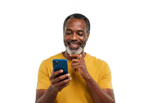 Smiling man holding a smartphone isolated on transparent background
