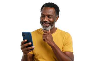 Smiling man holding a smartphone isolated on transparent background