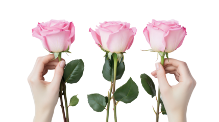 Three pink roses held by hands isolated on transparent background
