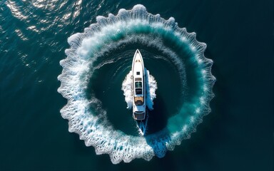 Speed boat in mediterranean sea making a cyrcle from bubbles, aerial view. High quality