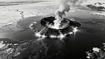 Black-and-white satellite image of a newborn island glowing with geothermal energy in glacial waters.	
