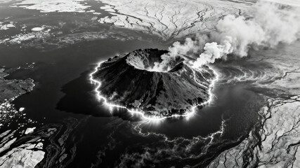 Black-and-white satellite image of a newborn island glowing with geothermal energy in glacial waters.	
