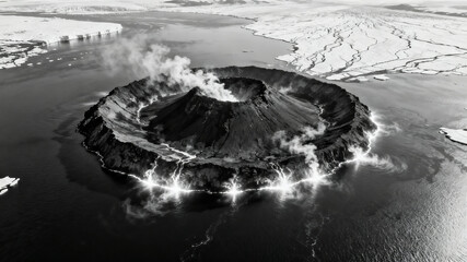 Black-and-white satellite image of a newborn island glowing with geothermal energy in glacial waters.	