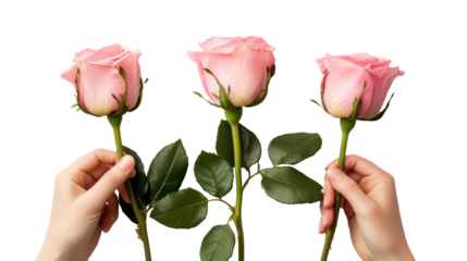 Three pink roses held by hands isolated on transparent background