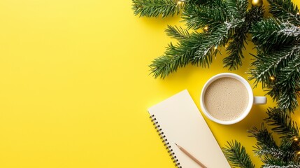 Coffee cup, paper notebook and christmas tree branch on a yellow background. Minimalistic flat-lay of workspace with modern aesthetic