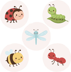 A Vector Icon Set of Cute Kawaii-Style Insects, Including a Ladybug, Bee, and Caterpillar